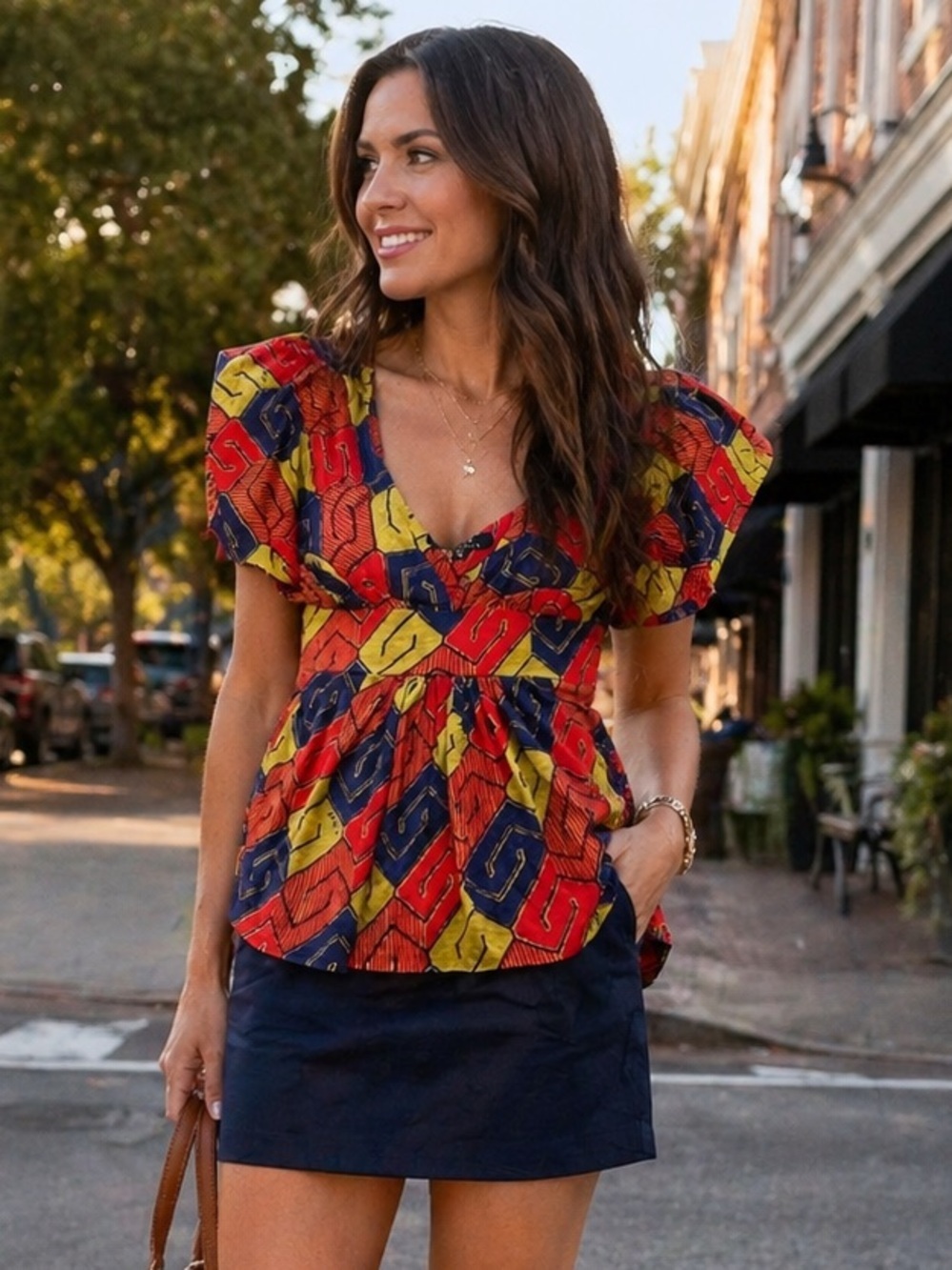 T-Bags Colorful V Neckline Short Ruffle Sleeves Top Blouse Casual Y2K S
